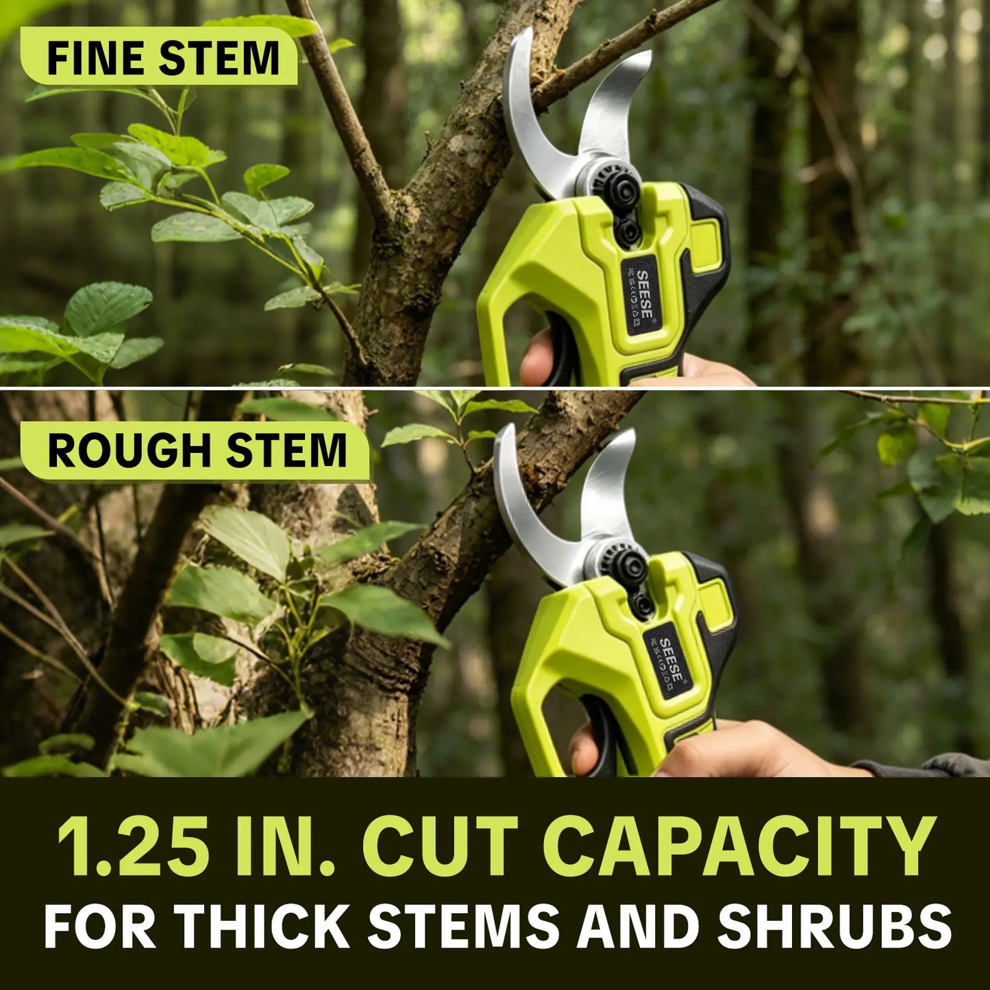 SEESE Cordless Electric Garden Pruning Shears, 1.25 Inch Cutting Capacity Brushless Power Pruner with Dual 21V Batteries, Ideal for Trimming Trees, Shrubs & Flower Bushes