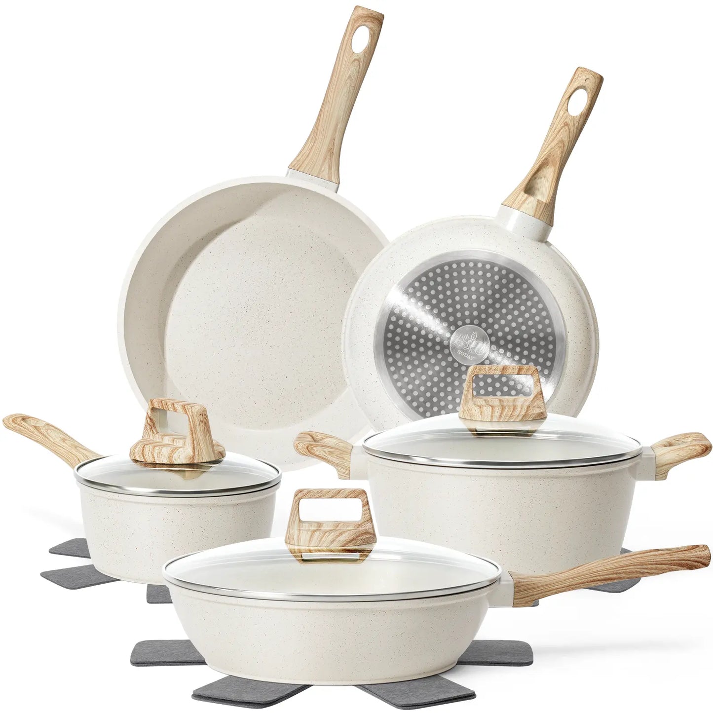 SODAY Non-Stick Pots and Pans Set, 12-Piece Healthy Non-Toxic Aluminium Cookware Collection with Frying Pans, Saucepans & Glass Lids, Durable Kitchenware with Heat-Resistant Bakelite Handles