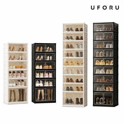UFORU Folding Shoe Cabinet with Magnetic Transparent Doors, 9-Tier Holds Up to 18 Pairs of Shoes, Tool-Free Assembly, Stackable Sturdy Plastic Shoe Storage Organizer, Large Capacity & Space-Saving Simple Design