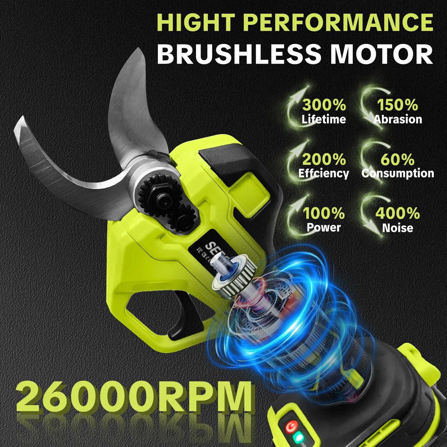 SEESE Cordless Electric Garden Pruning Shears, 1.25 Inch Cutting Capacity Brushless Power Pruner with Dual 21V Batteries, Ideal for Trimming Trees, Shrubs & Flower Bushes
