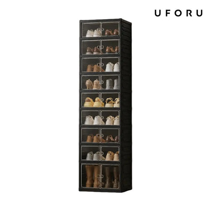 UFORU Folding Shoe Cabinet with Magnetic Transparent Doors, 9-Tier Holds Up to 18 Pairs of Shoes, Tool-Free Assembly, Stackable Sturdy Plastic Shoe Storage Organizer, Large Capacity & Space-Saving Simple Design