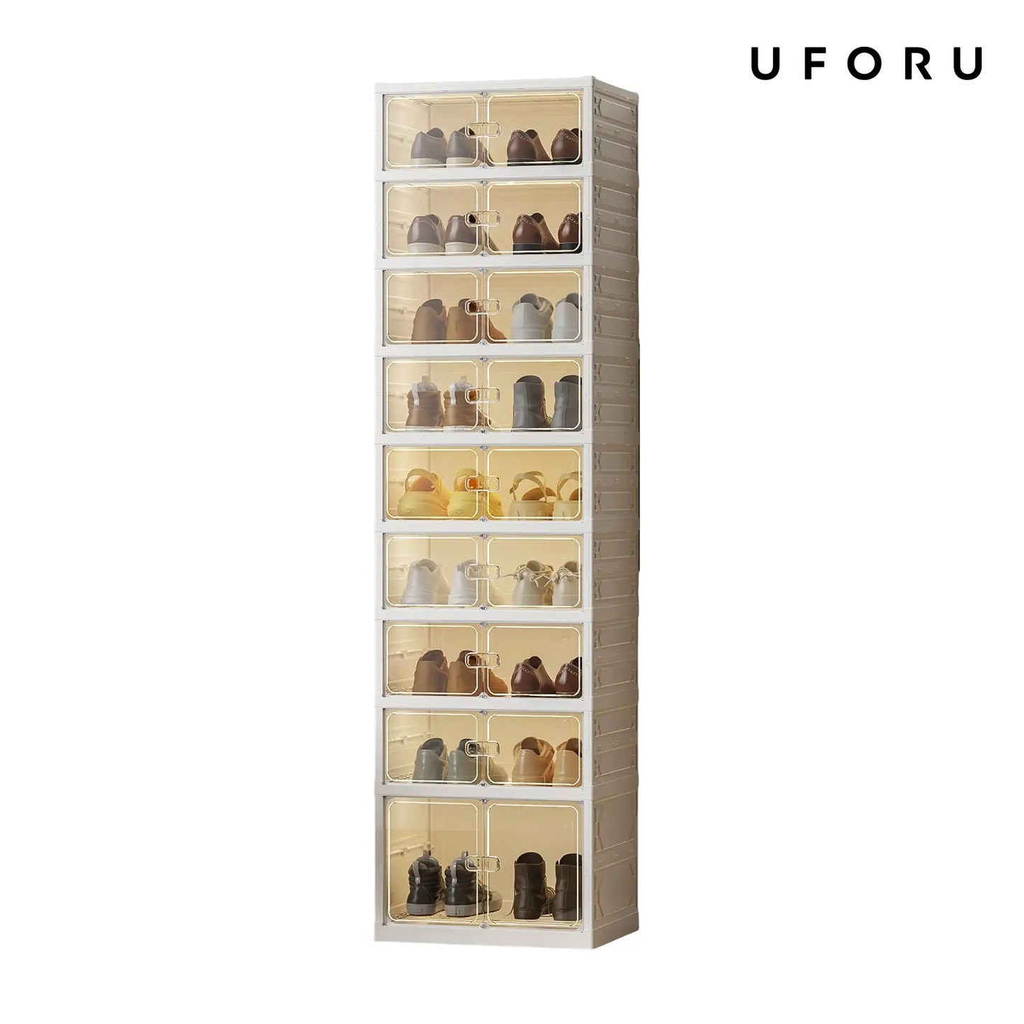 UFORU Folding Shoe Cabinet with Magnetic Transparent Doors, 9-Tier Holds Up to 18 Pairs of Shoes, Tool-Free Assembly, Stackable Sturdy Plastic Shoe Storage Organizer, Large Capacity & Space-Saving Simple Design