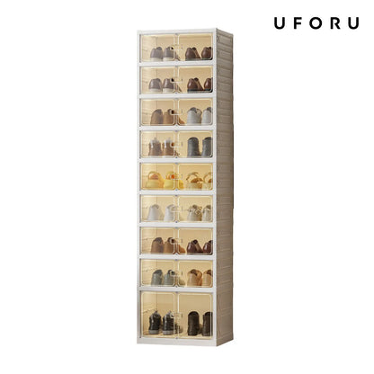 UFORU Folding Shoe Cabinet with Magnetic Transparent Doors, 9-Tier Holds Up to 18 Pairs of Shoes, Tool-Free Assembly, Stackable Sturdy Plastic Shoe Storage Organizer, Large Capacity & Space-Saving Simple Design