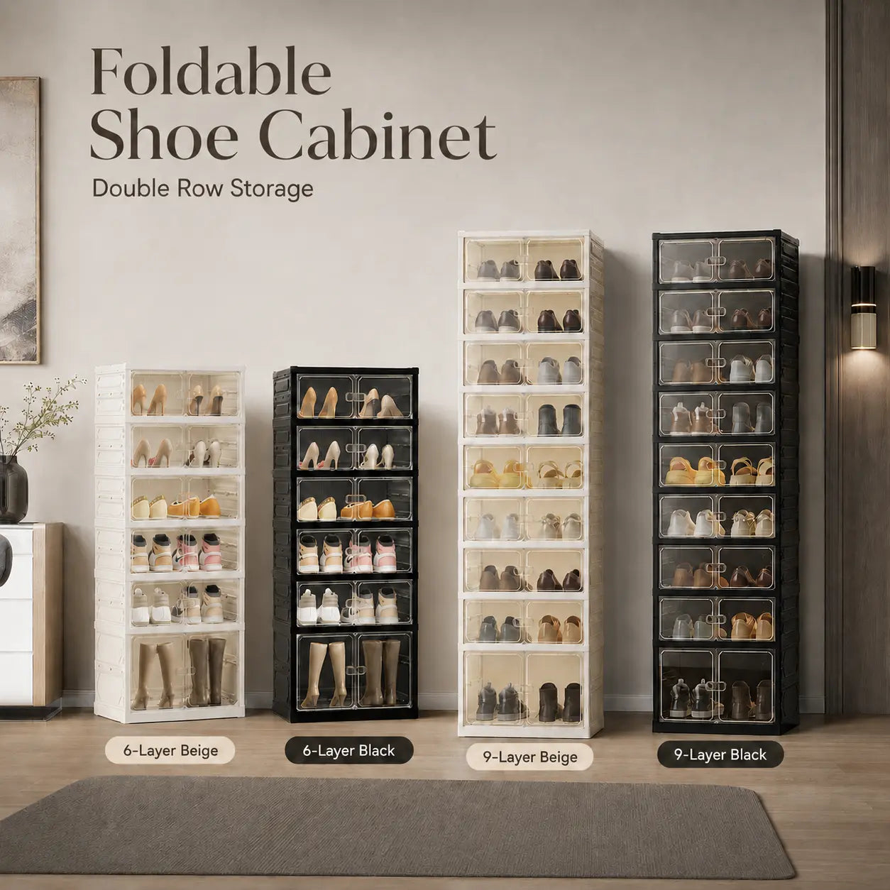 UFORU Folding Shoe Cabinet with Magnetic Transparent Doors, 9-Tier Holds Up to 18 Pairs of Shoes, Tool-Free Assembly, Stackable Sturdy Plastic Shoe Storage Organizer, Large Capacity & Space-Saving Simple Design