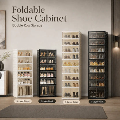 UFORU Folding Shoe Cabinet with Magnetic Transparent Doors, 9-Tier Holds Up to 18 Pairs of Shoes, Tool-Free Assembly, Stackable Sturdy Plastic Shoe Storage Organizer, Large Capacity & Space-Saving Simple Design