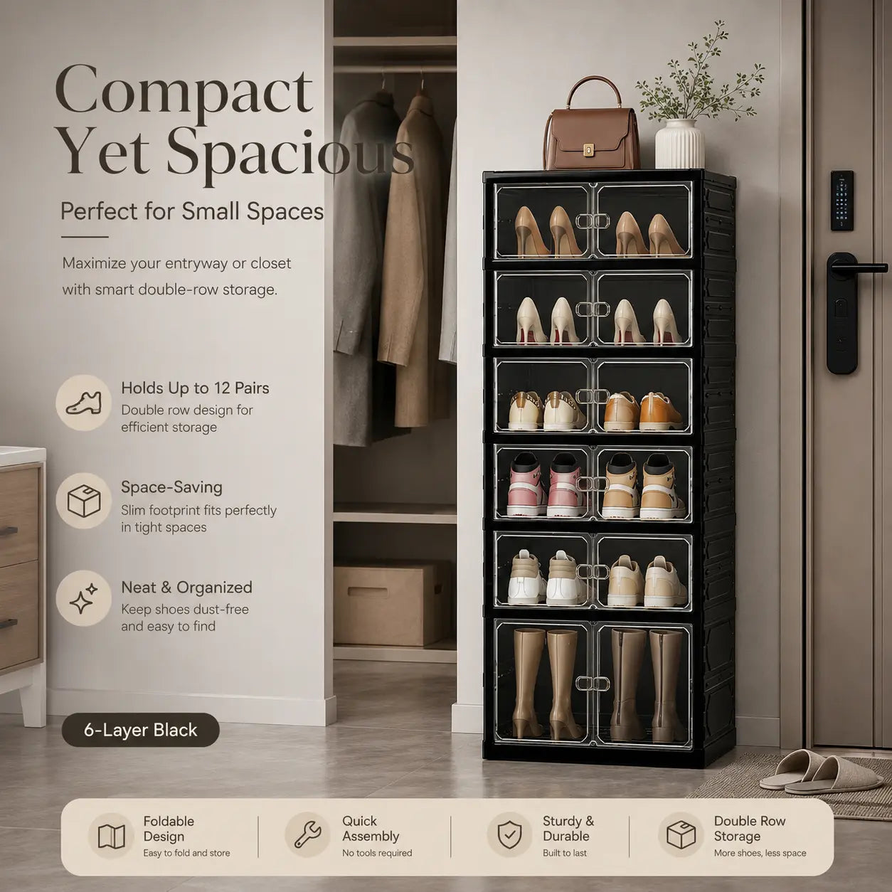 UFORU Folding Shoe Cabinet with Magnetic Transparent Doors, 9-Tier Holds Up to 18 Pairs of Shoes, Tool-Free Assembly, Stackable Sturdy Plastic Shoe Storage Organizer, Large Capacity & Space-Saving Simple Design