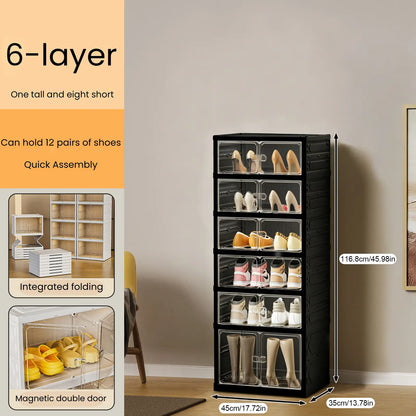 UFORU Folding Shoe Cabinet with Magnetic Transparent Doors, 9-Tier Holds Up to 18 Pairs of Shoes, Tool-Free Assembly, Stackable Sturdy Plastic Shoe Storage Organizer, Large Capacity & Space-Saving Simple Design