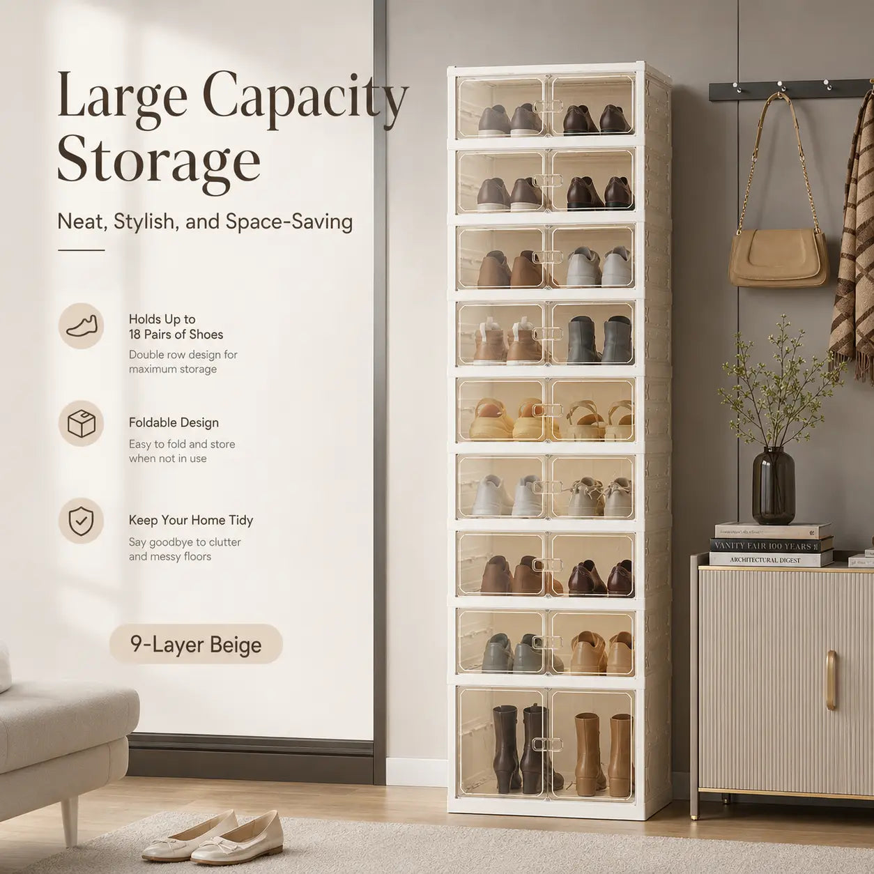 UFORU Folding Shoe Cabinet with Magnetic Transparent Doors, 9-Tier Holds Up to 18 Pairs of Shoes, Tool-Free Assembly, Stackable Sturdy Plastic Shoe Storage Organizer, Large Capacity & Space-Saving Simple Design