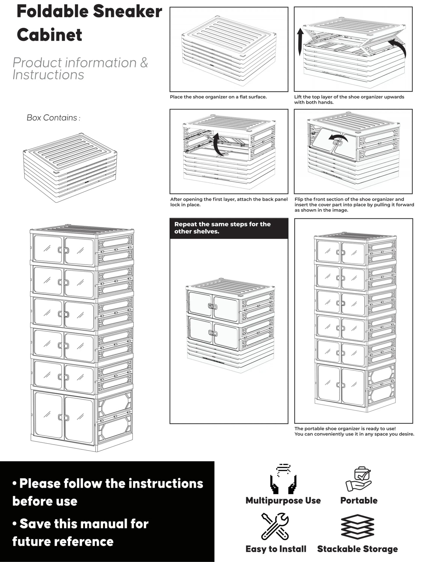 UFORU Folding Shoe Cabinet with Magnetic Transparent Doors, 9-Tier Holds Up to 18 Pairs of Shoes, Tool-Free Assembly, Stackable Sturdy Plastic Shoe Storage Organizer, Large Capacity & Space-Saving Simple Design
