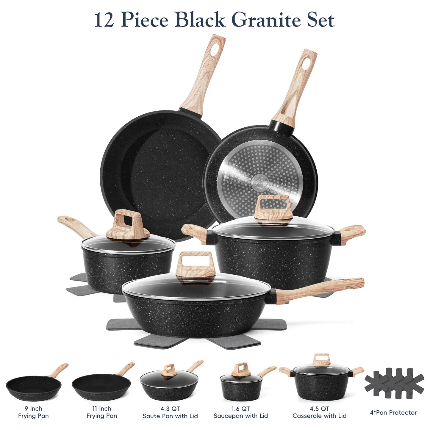 SODAY Non-Stick Pots and Pans Set, 12-Piece Healthy Non-Toxic Aluminium Cookware Collection with Frying Pans, Saucepans & Glass Lids, Durable Kitchenware with Heat-Resistant Bakelite Handles