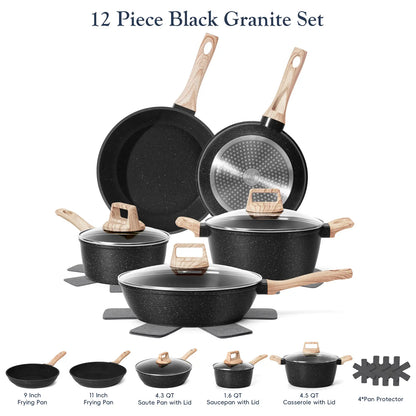 SODAY Non-Stick Pots and Pans Set, 12-Piece Healthy Non-Toxic Aluminium Cookware Collection with Frying Pans, Saucepans & Glass Lids, Durable Kitchenware with Heat-Resistant Bakelite Handles