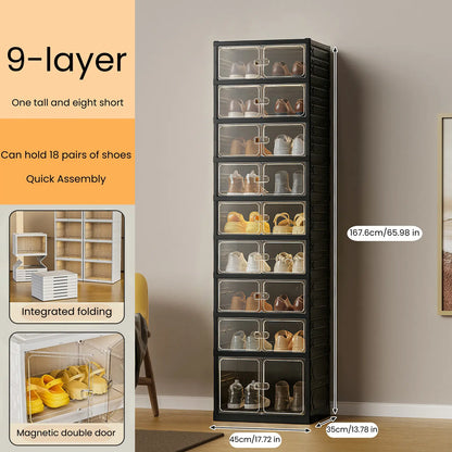 UFORU Folding Shoe Cabinet with Magnetic Transparent Doors, 9-Tier Holds Up to 18 Pairs of Shoes, Tool-Free Assembly, Stackable Sturdy Plastic Shoe Storage Organizer, Large Capacity & Space-Saving Simple Design