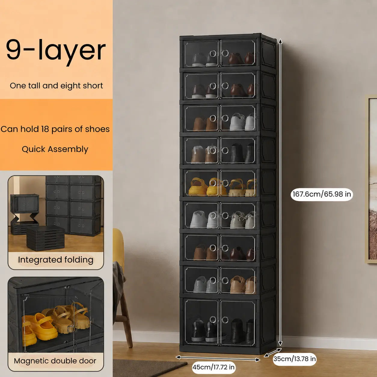 UFORU Folding Shoe Cabinet with Magnetic Transparent Doors, 9-Tier Holds Up to 18 Pairs of Shoes, Tool-Free Assembly, Stackable Sturdy Plastic Shoe Storage Organizer, Large Capacity & Space-Saving Simple Design