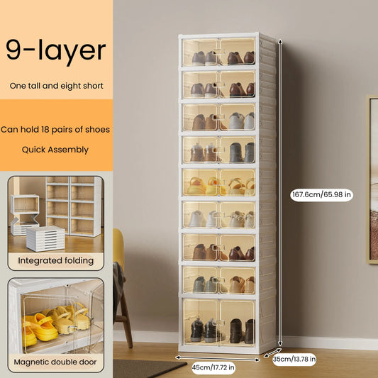 UFORU Folding Shoe Cabinet with Magnetic Transparent Doors, 9-Tier Holds Up to 18 Pairs of Shoes, Tool-Free Assembly, Stackable Sturdy Plastic Shoe Storage Organizer, Large Capacity & Space-Saving Simple Design