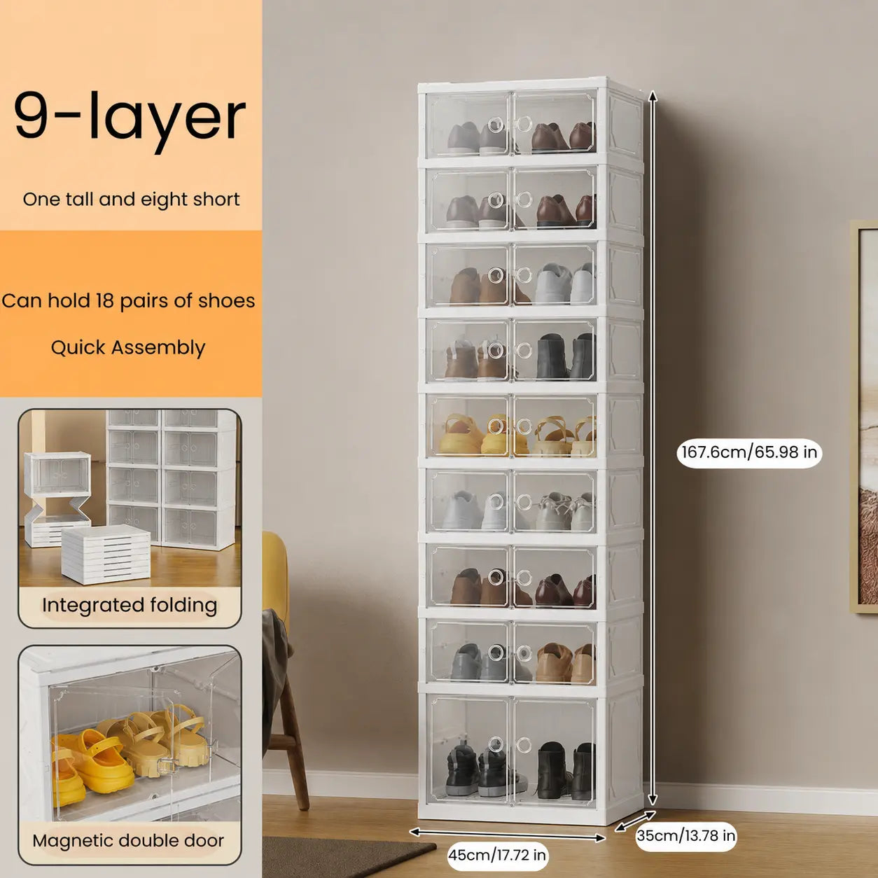 UFORU Folding Shoe Cabinet with Magnetic Transparent Doors, 9-Tier Holds Up to 18 Pairs of Shoes, Tool-Free Assembly, Stackable Sturdy Plastic Shoe Storage Organizer, Large Capacity & Space-Saving Simple Design