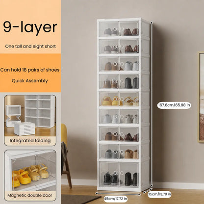 UFORU Folding Shoe Cabinet with Magnetic Transparent Doors, 9-Tier Holds Up to 18 Pairs of Shoes, Tool-Free Assembly, Stackable Sturdy Plastic Shoe Storage Organizer, Large Capacity & Space-Saving Simple Design